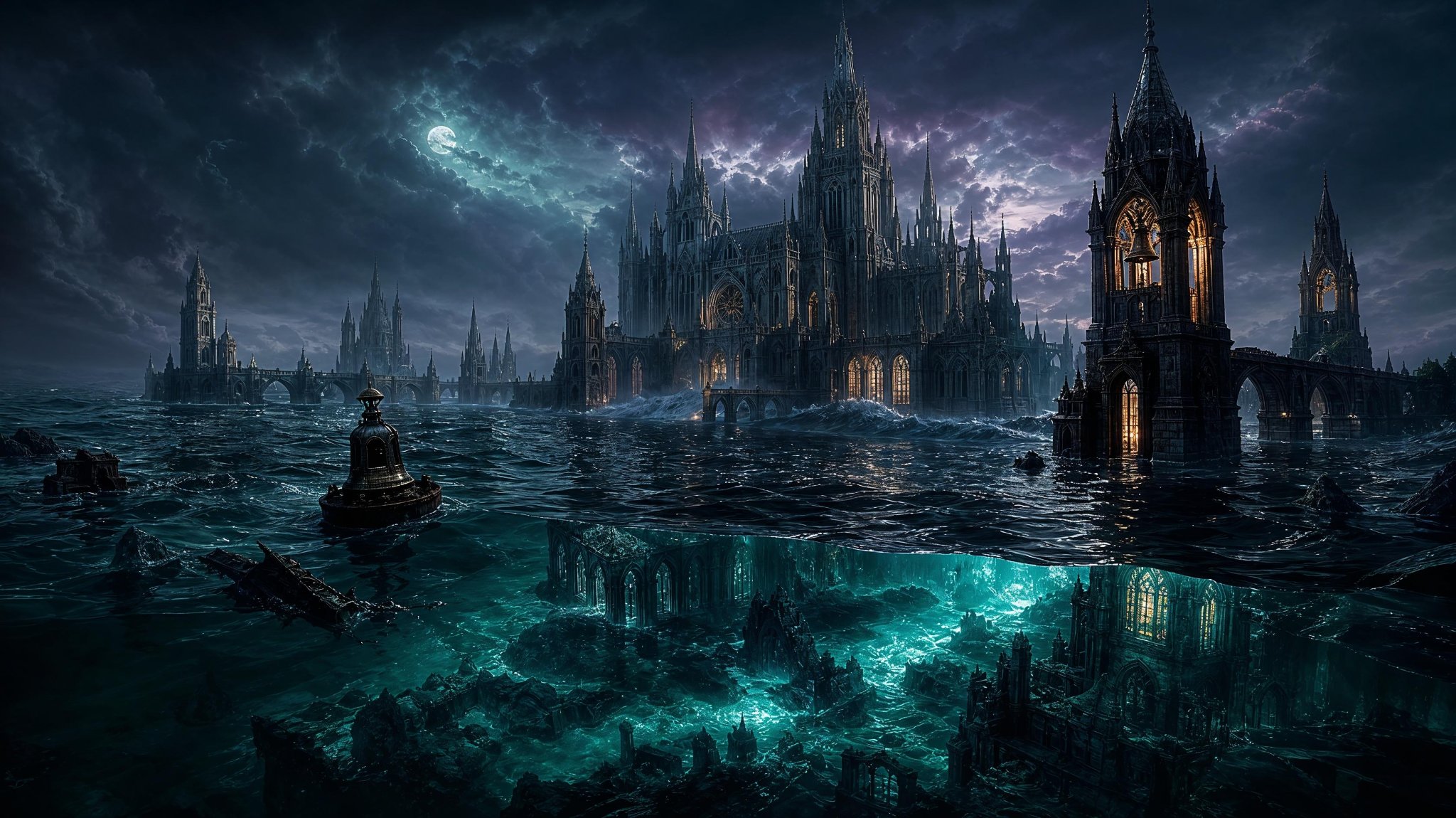 A cathedral-city drowned in a black sea, its windows still lit