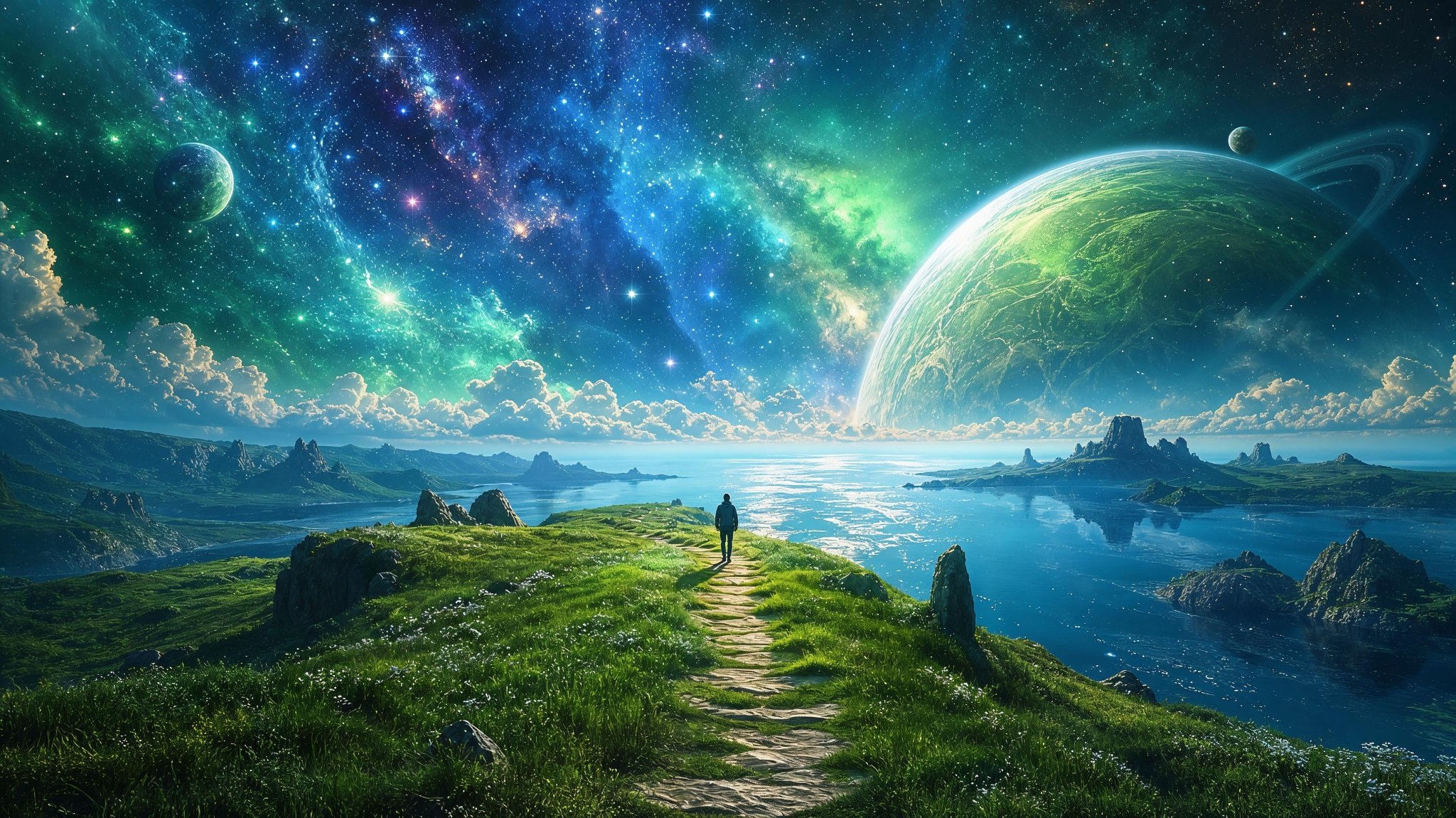 A lone traveler on a grassy clifftop path above a calm alien sea, beneath a vast green ringed planet and a bright nebula sky