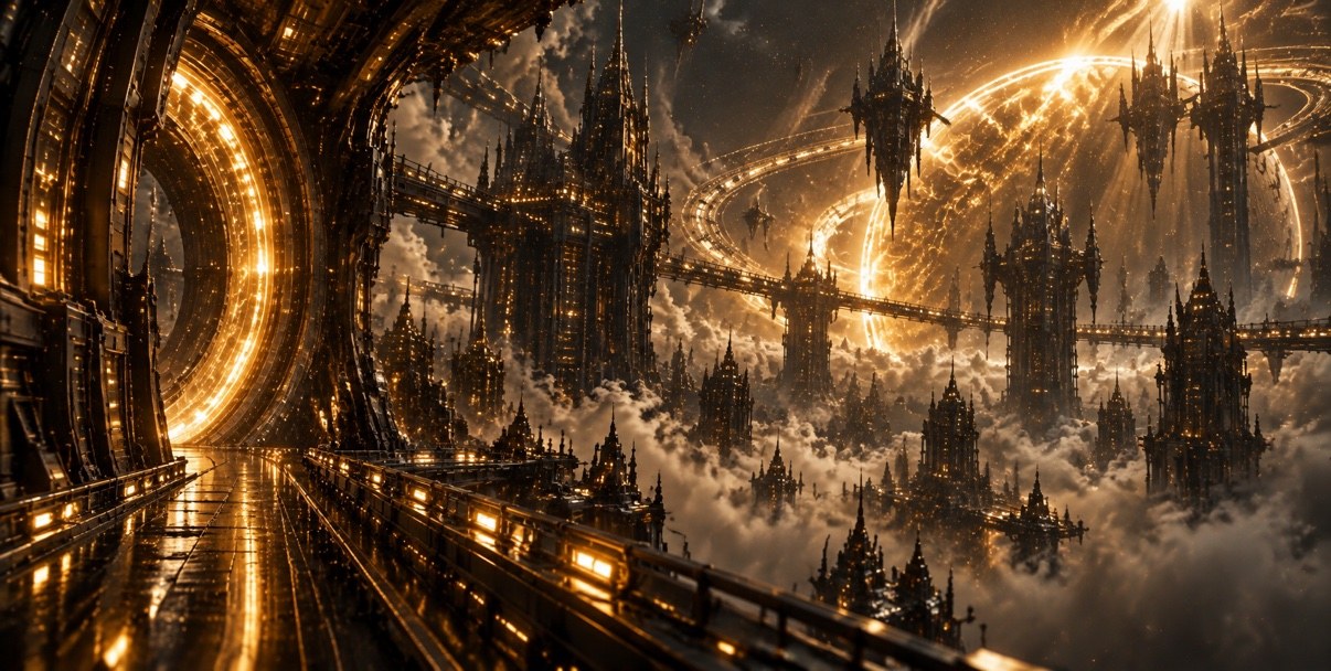 A golden city of spires and bridges in the clouds, built around a glowing ring