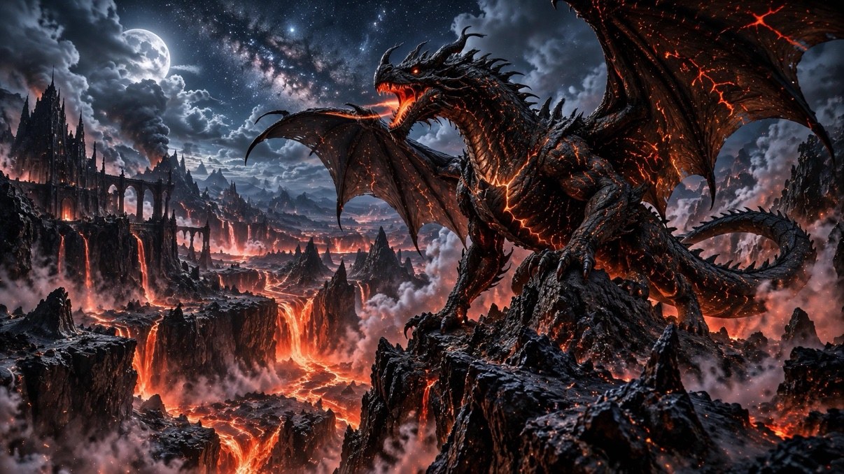 An obsidian dragon with lava-lit cracks roaring over a burning volcanic valley at night